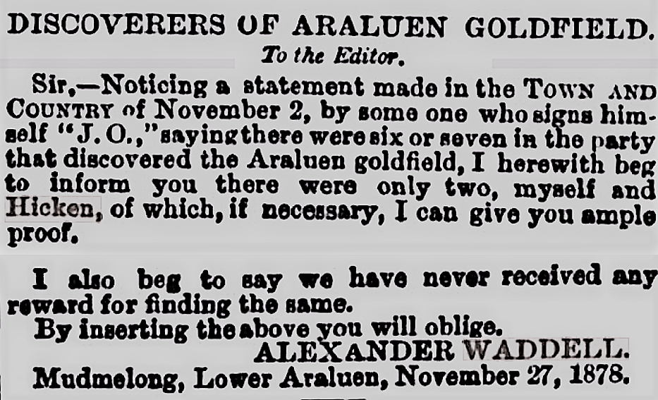 Alexander Waddell and Hicken - Discoverers of Araluen Goldfield