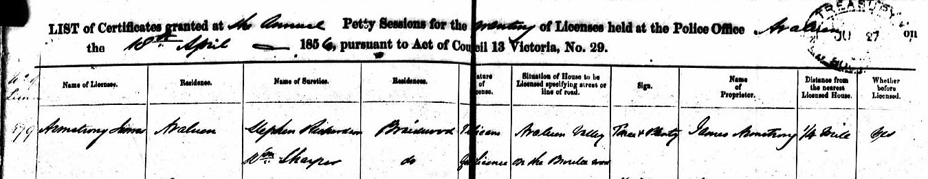 Publican License for James Armstrong- The Peace and Plenty 1856