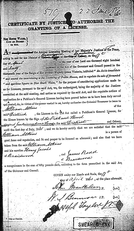 Publican License for William Atkins - The Pick and Shovel Inn 1861