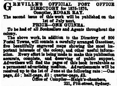 Advertisement for Greville’s Official Post Office directory for 1875 – 1876