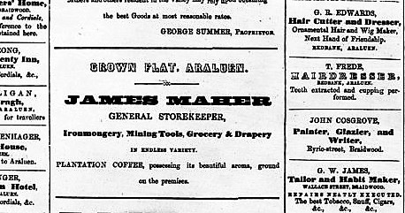 James Maher Storekeeper advertised in Braidwood paper in 1864