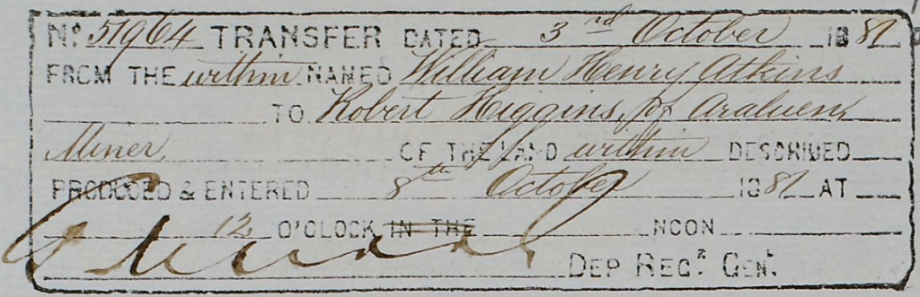 WH Atkins- Land Sale of Block 6 formerly the Pick and Shovel Inn in 1887