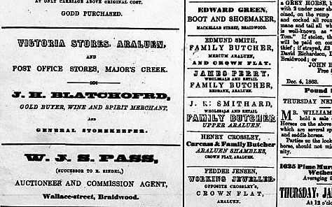 Smith, Perry ,Smithard Butchers advertised in Braidwood paper in 1864