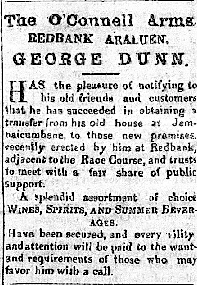 Relocation of the O’Connell Arms from Jembaicumbene, to newly erected premises at Redbank in 1863