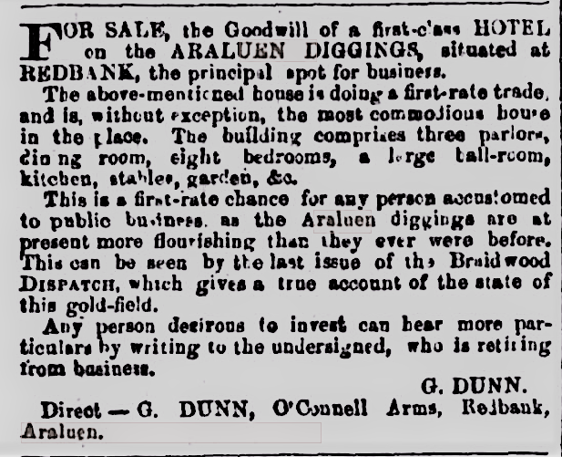 George Dunn advertising the O'Connell Arms, Redbank, for sale in March 1865