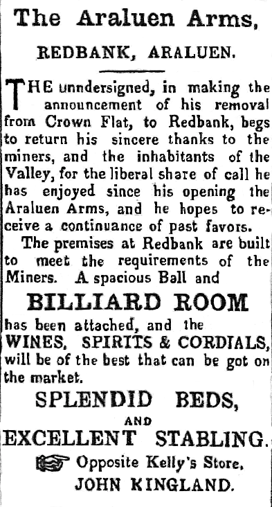 Araluen Arms Hotel advertising a move to Redbank, in The Araluen Star Sept 1863