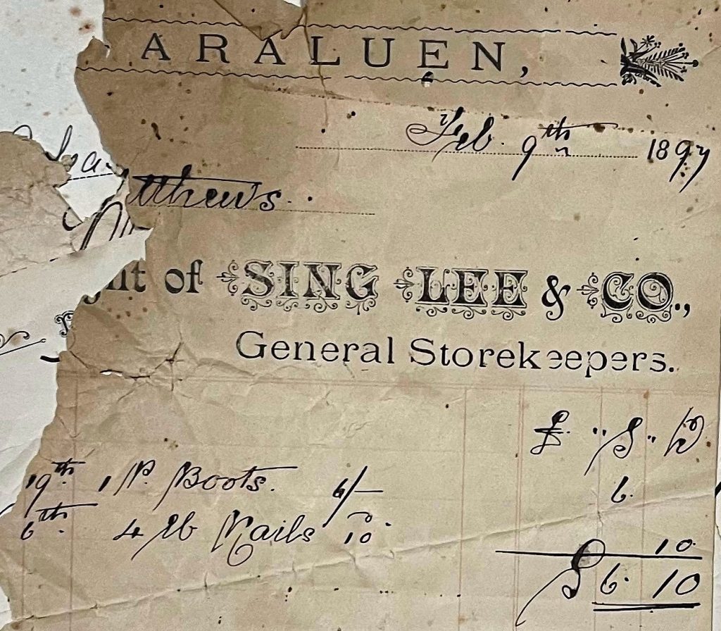 Shopkeeper Sing Lee & Co receipt issued Feb 1897 for boots and nails