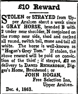 The Araluen Star advertising a reward for the return of a grey horse known as “Hogan’s Grey Tom”, John Hogan, Free Selection Inn, Upper Araluen, in December 1863