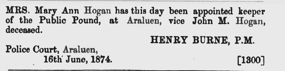 Mrs Mary Ann Hogan appointed keeper of the Public Pound, vice John M. Hogan, deceased in June 1874