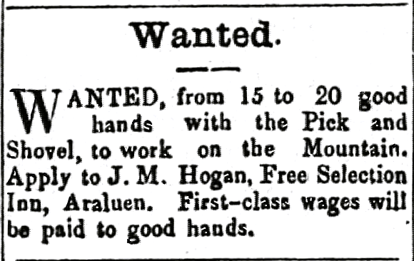 An advertisement for "15 to 20 good hands to work on the Mountain, with a Pick and Shovel, with applications to be made to J.M. Hogan, Free Selection Inn.