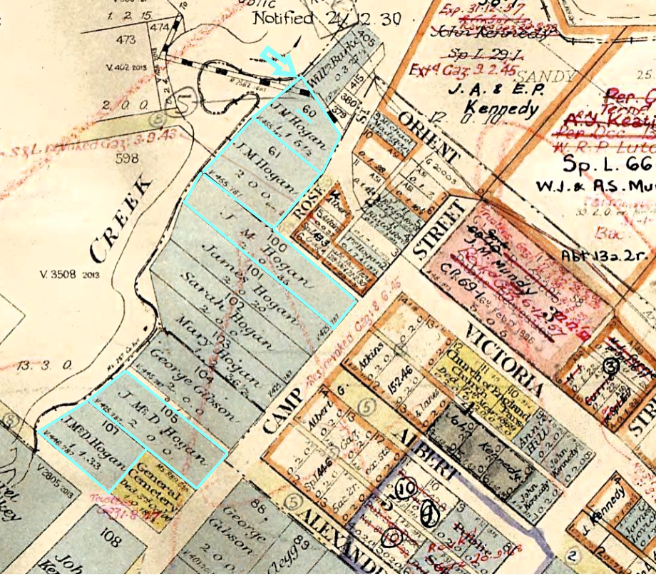 Map of Bourketown Araluen West showing James McDonald Hogan (Portions 60,61,100,105 and 107) - Free Selection Inn, Bourketown