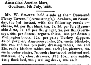 Results of an auction held at the Peace and Plenty in 1858, with prices of goods sold.