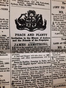 An advertisement for the opening of the revived Peace and Plenty in June 1860