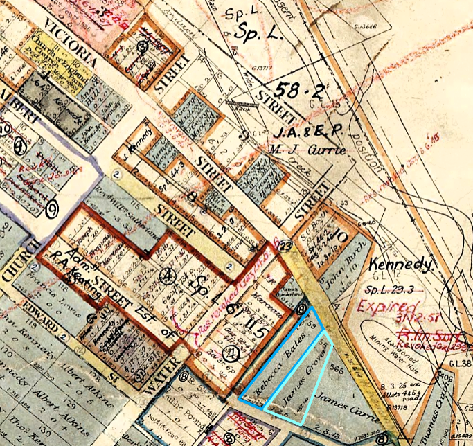 Map of Bourketown Araluen West showing James Grover (Portion 58), Rebecca Bates (Portion 59) - Welcome Inn, Bourketown