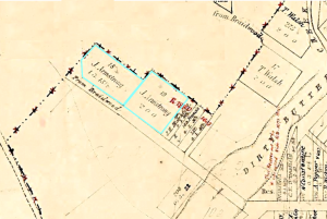 A map showing lands purchased by James Armstrong - Peace and Plenty Inn - Land - Por 18 19 - purchased in 1865