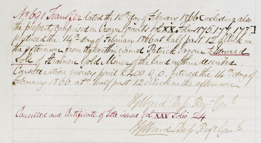 Receipt showing land sale from Patrick Eagan - Sale of Portion 12, 13, 14, and 15 to Edward Sole in February 1866.