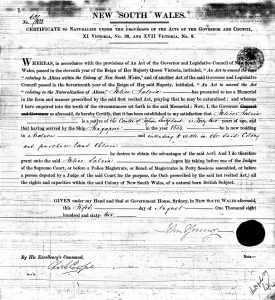 Felice Saliva New South Wales, Naturalization Certificate from August 1862