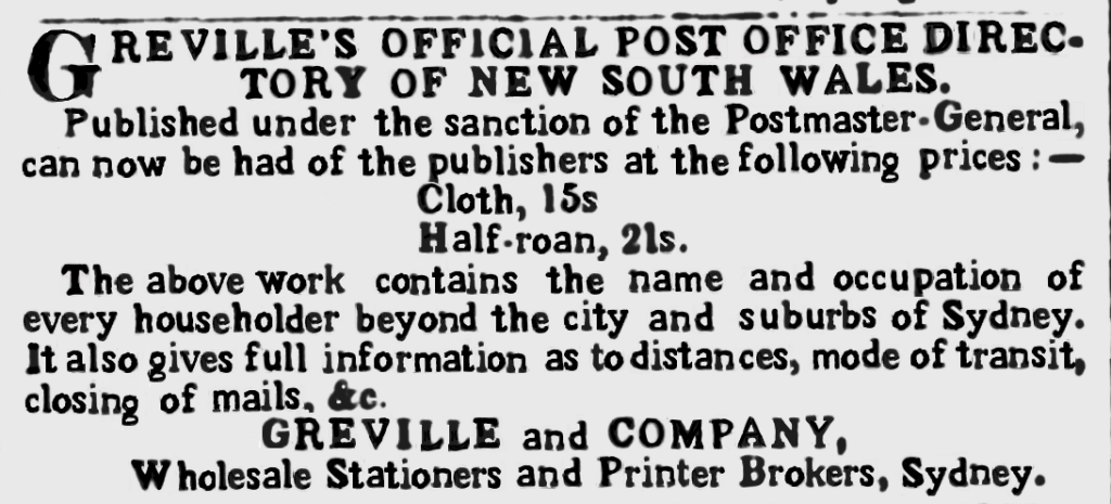 An advertisement in August 1872 for the Greville's Post Office Directory.