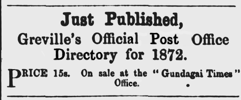 An advertisement in November 1872 for the Greville's Post Office Directory.