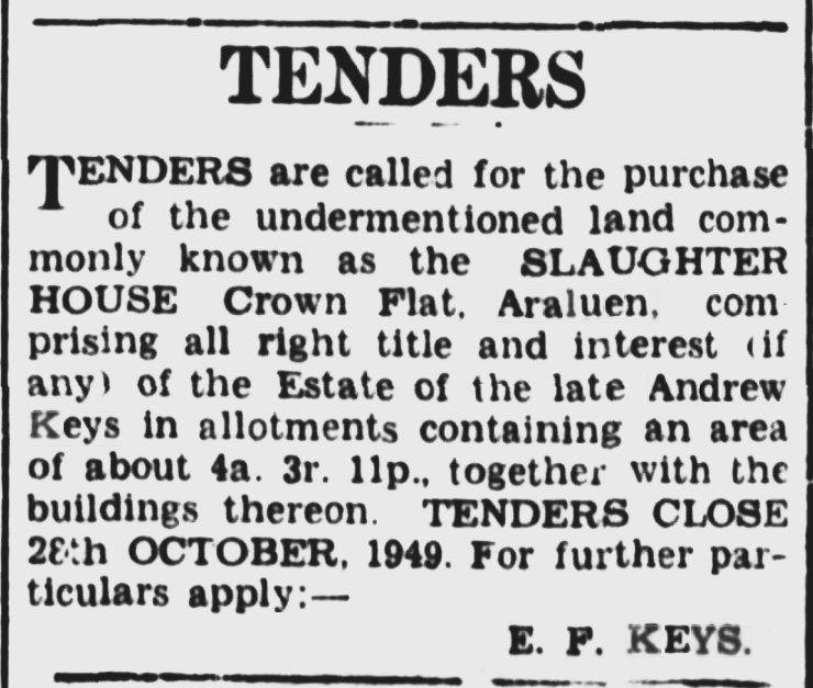 Sale in 1949 of Andrew Keys Slaughter house at Crown Flat.