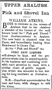 An advertisement in the Arlauen Star for the Pick and Shovel Inn moving from Jembaicumbene to Araluen Sept 1863