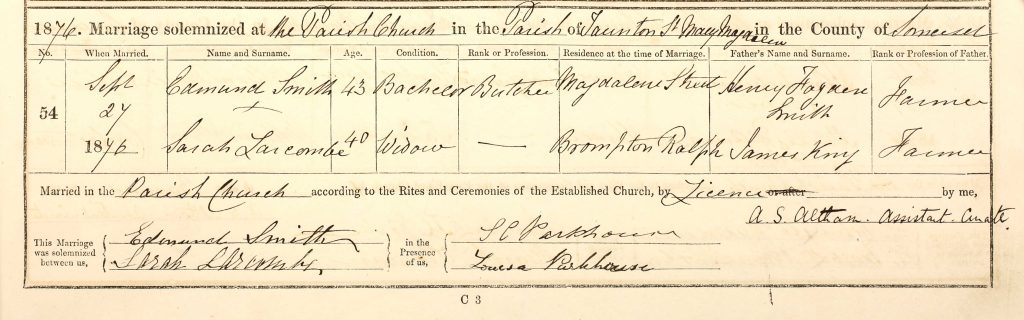 Edmund Smith married Sarah Larcombe 27 Sep 1876.