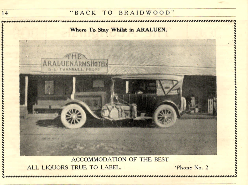 The Araluen Arms Hotel. Photo from an advertisement in ‘Back to Braidwood’ souvenir booklet, 1925.