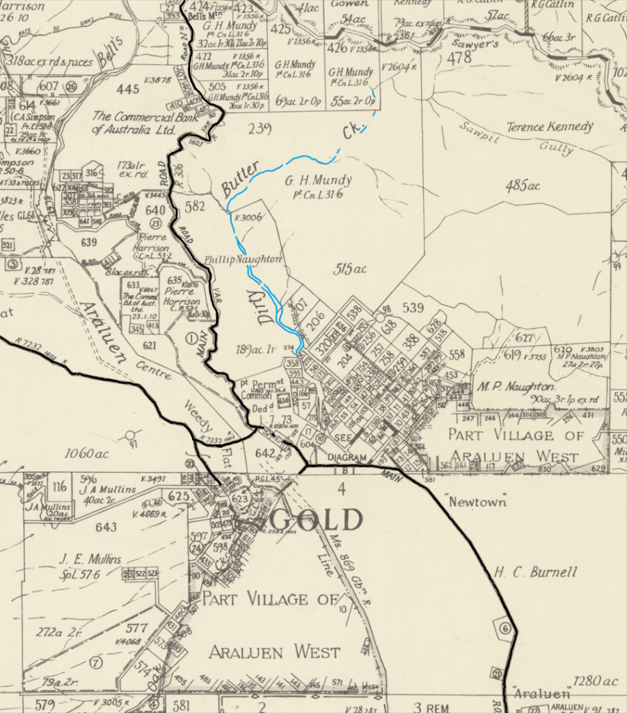 A map of Araluen highlighting the location of Dirty Butter Creek.