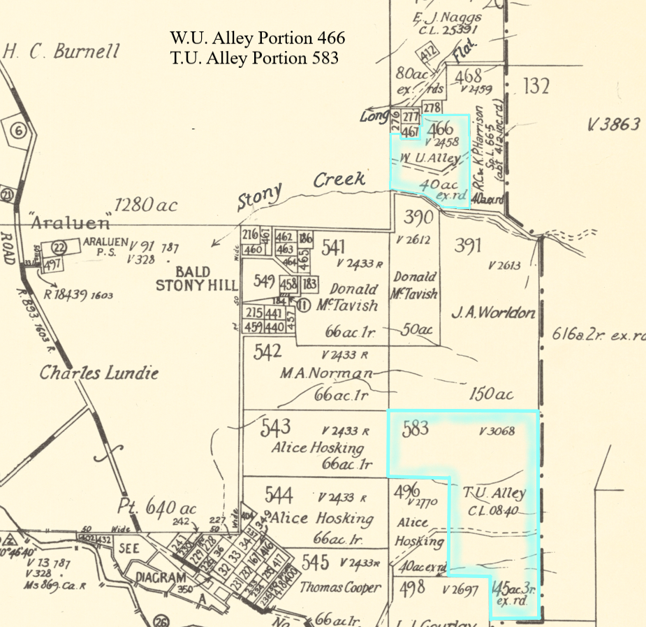 A map showing Alley land purchased in Araluen -William Underwood Alley Portion 466 and Trevor Underwood Alley Portion 583.