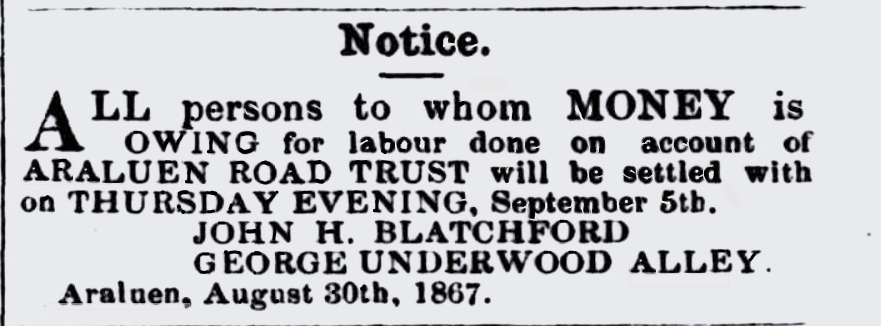 An advertisement notifying that Monies can be collected for work on the Road, dated 30 August 1867.