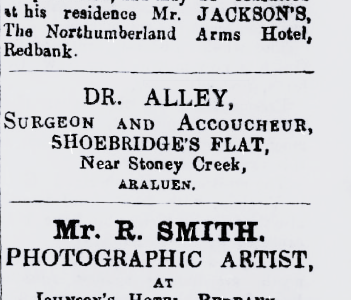 An advertisement in the Araluen Star and Miners' Right, Saturday 28 November 1863, page 3 for Dr. George Underwood Alley, Surgeon and Accoucheur - (male obstetrician or midwife), November 1863