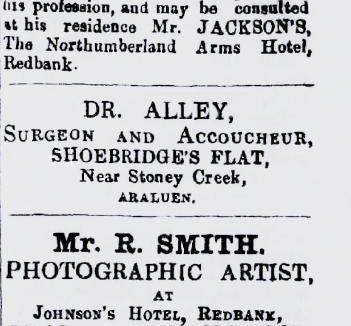 An advertisement in the Araluen Star and Miners' Right, Saturday 28 November 1863, page 3 for Dr. George Underwood Alley, Surgeon and Accoucheur - (male obstetrician or midwife), November 1863