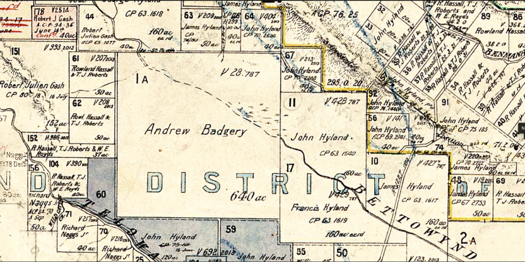 A map showing lands holding for Andrew Badgery - Land Portion 1A at Bettowynd.