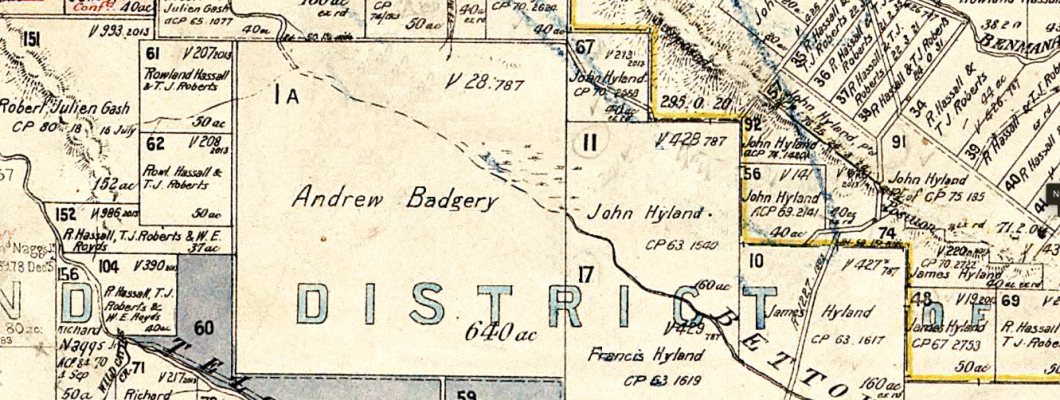 A map showing lands holding for Andrew Badgery - Land Portion 1A at Bettowynd.