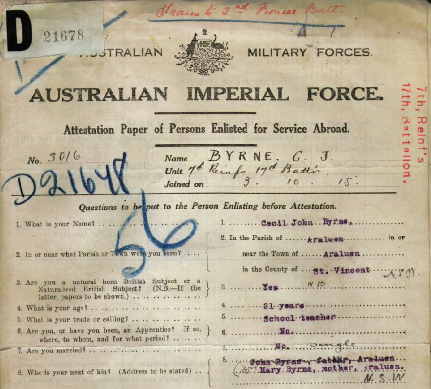 Attestation paper upon enlistment Sept 1913 for Cecil John Byrne (1894 – 1917)