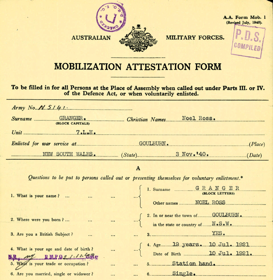 Attestation paper upon enlistment Nov 1940 for Noel Ross Granger (1921- 1943).