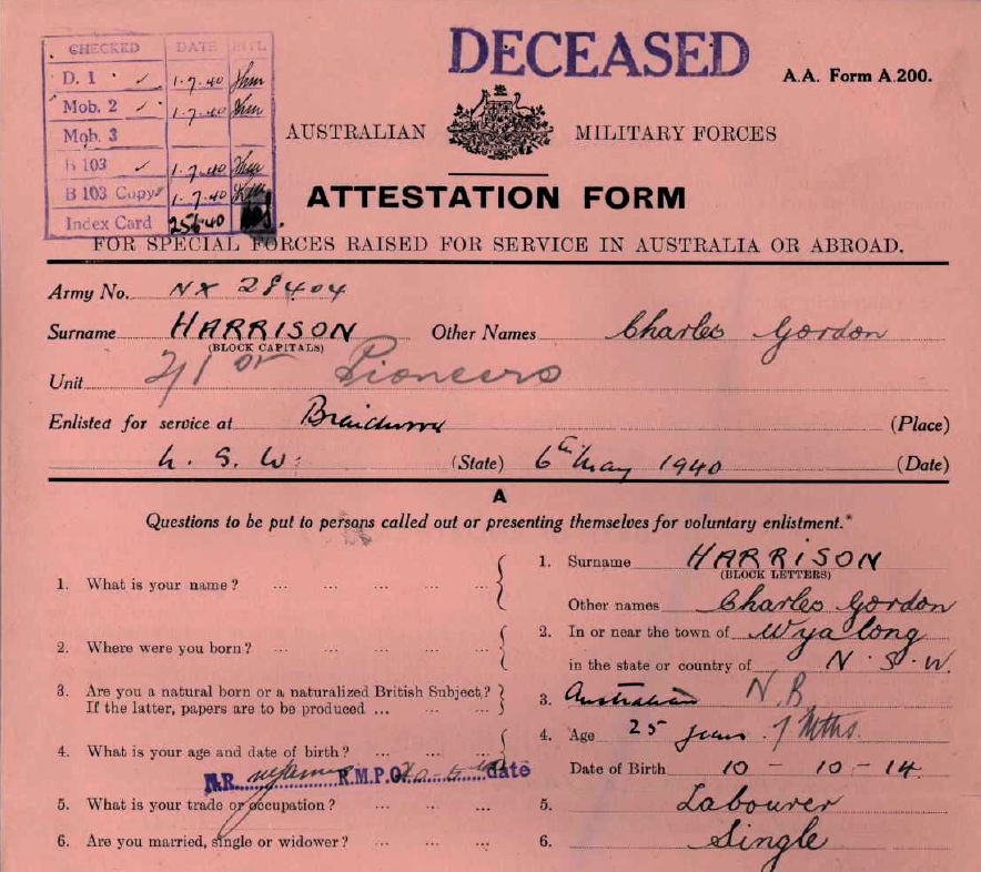 Attestation form May 1940 Charles Gordon Harrison