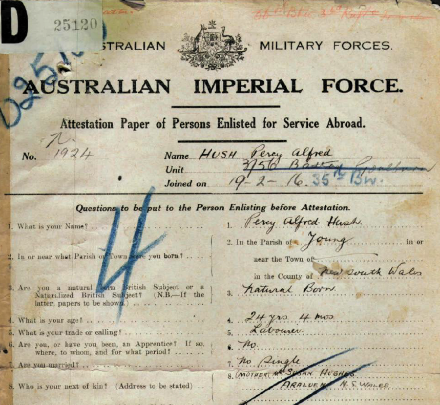 Attestation paper upon enlistment February 1916 Percy Hush (1893- June 1917)