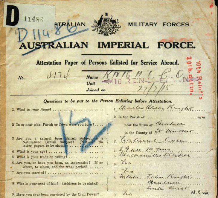 Attestation paper upon enlistment Oct 1915 for Charles Oliver Knight