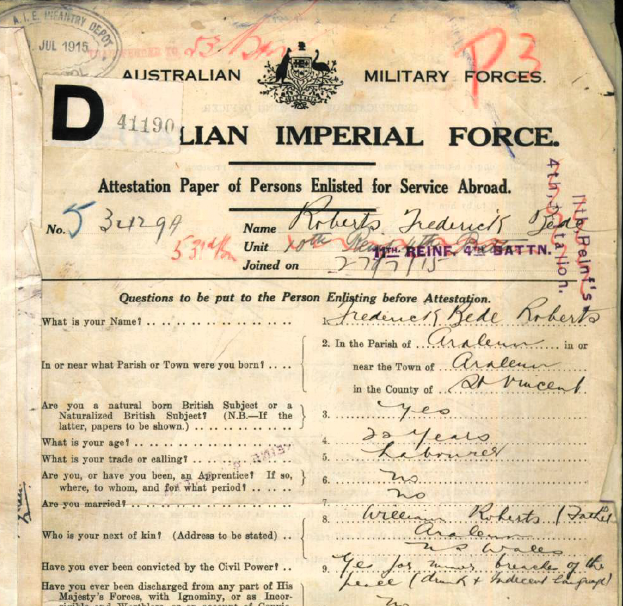 Attestation paper upon enlistment July 1915 for Frederick Bede Roberts (1891 - 1918)