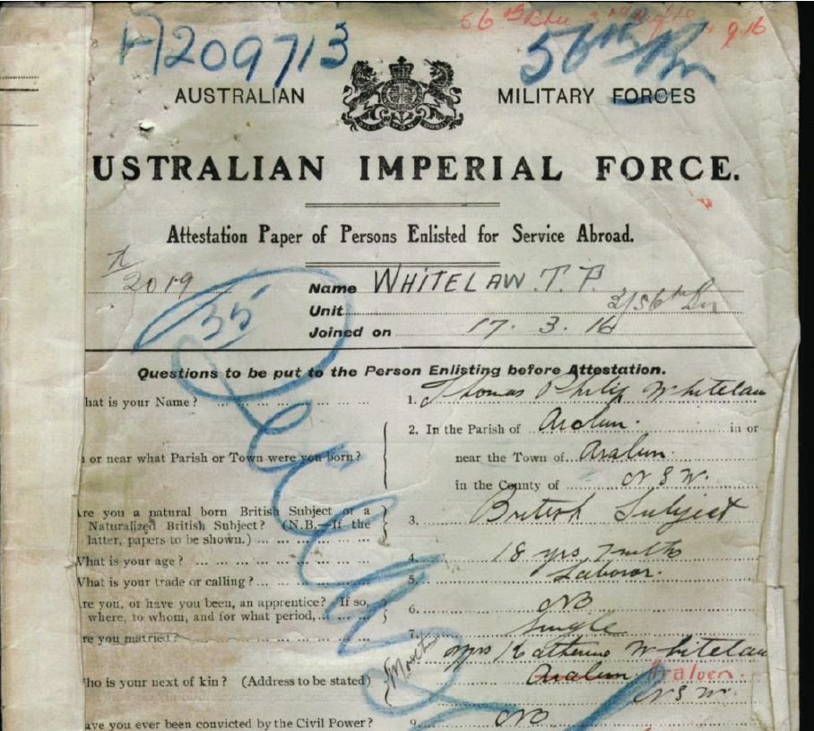 Attestation paper upon enlistment March 1916 Thomas Phillip Whitelaw (1897-1919)