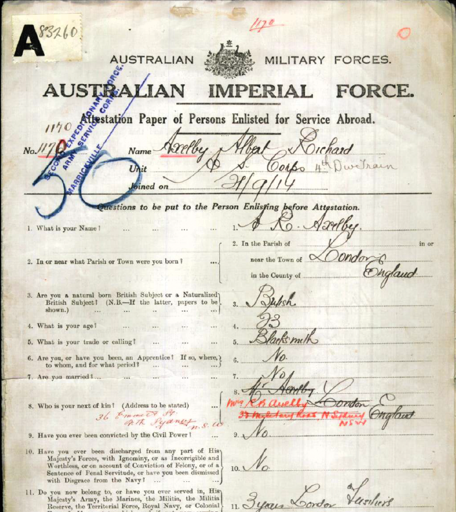 A picture of the attestation paper for Albert Richard Axelby (1891 - 1973) upon enlistment in September 1914.