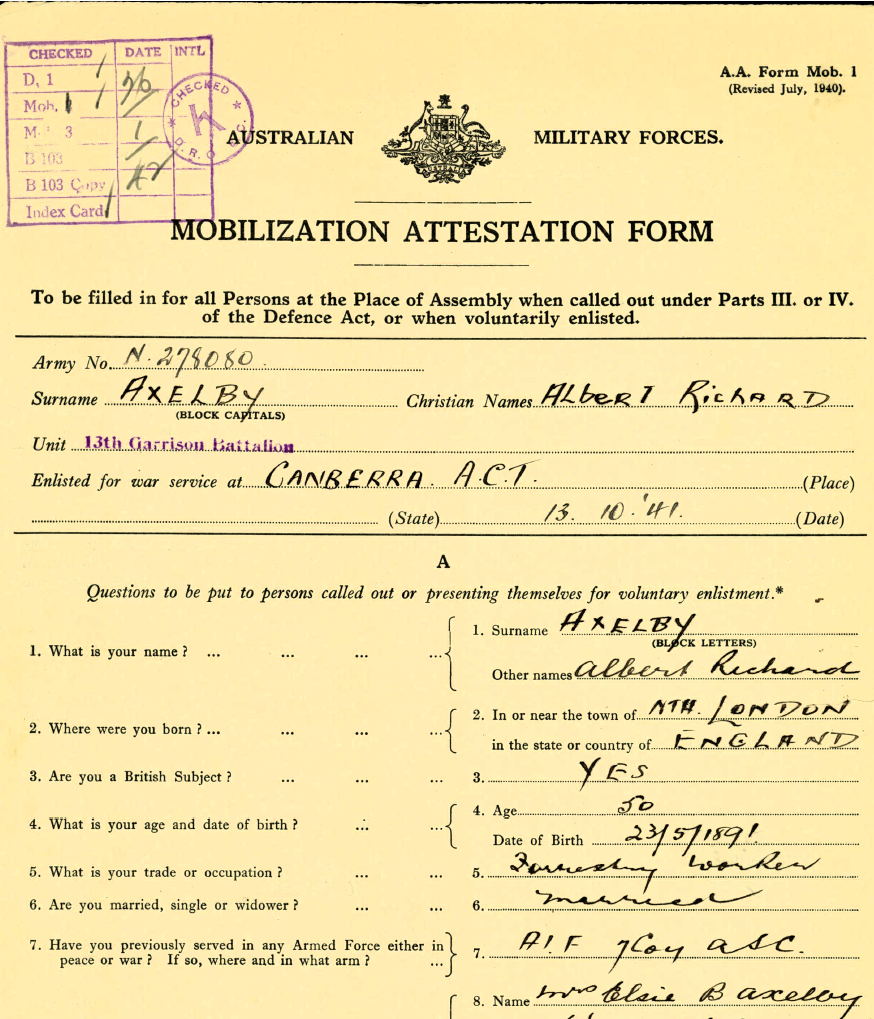 A picture of the attestation paper for Albert Richard Axelby (1891-1973) upon enlistment in October 1941.