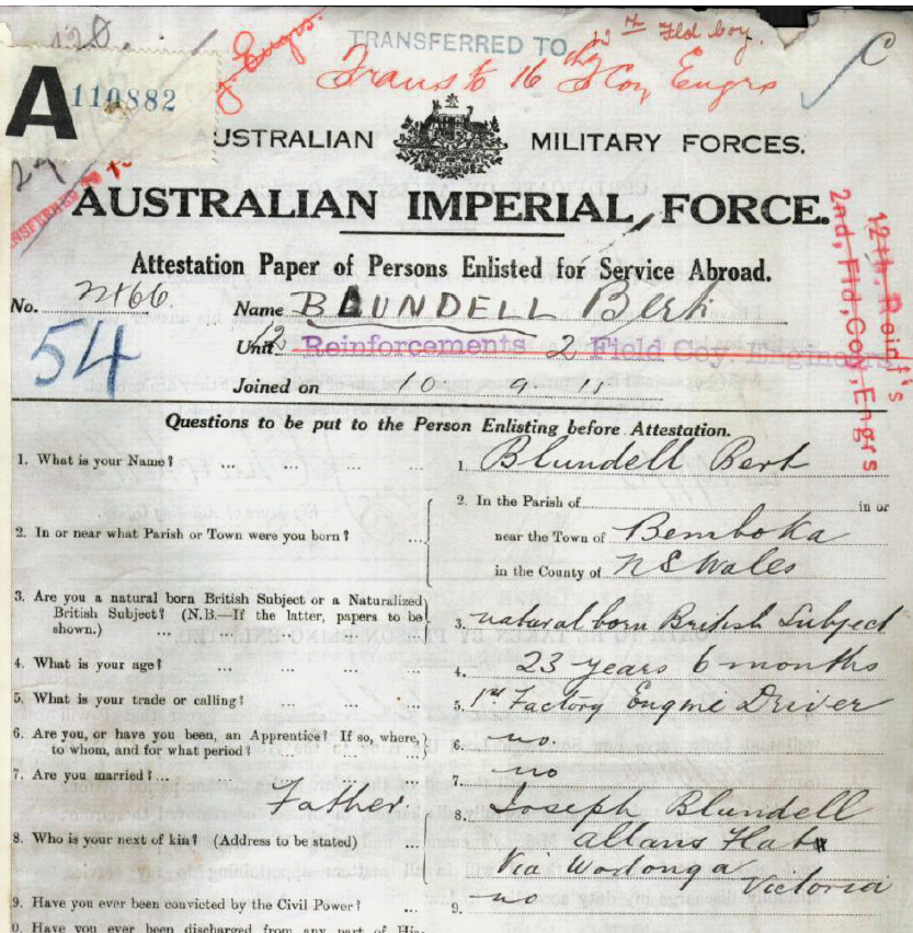 The attestation paper for Bert Blundell (1892-1958) upon enlistment in September 1915.