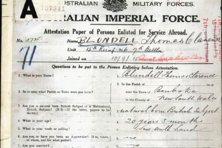 The attestation paper for Thomas Clarence (Clyde) Blundell (1892-1958) upon enlistment in September 1915.