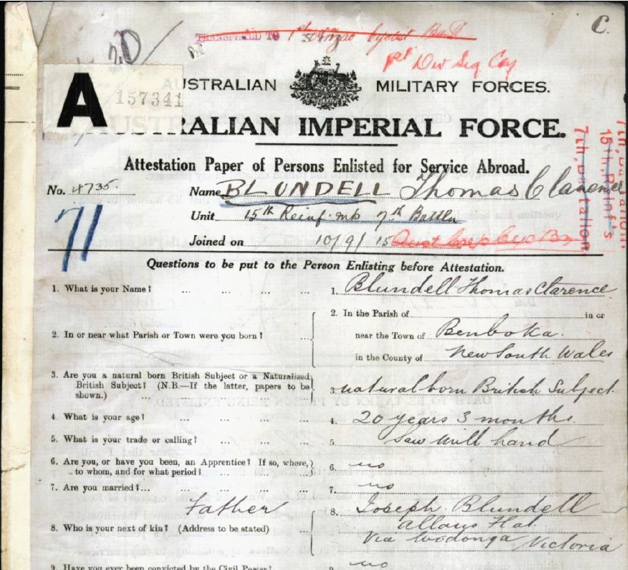 The attestation paper for Thomas Clarence (Clyde) Blundell (1892-1958) upon enlistment in September 1915.