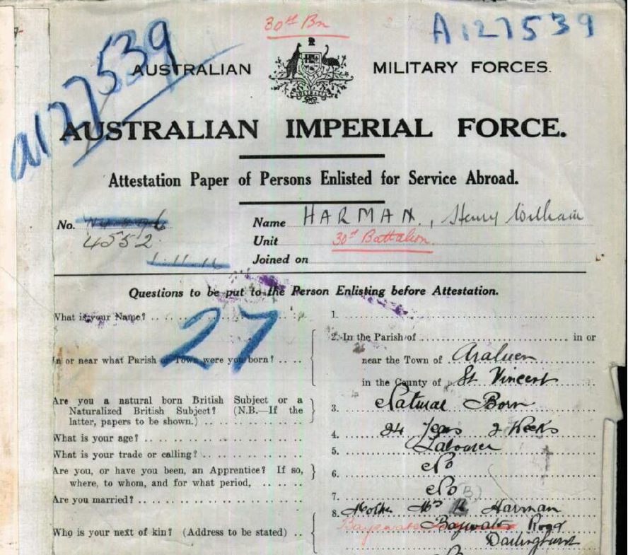 A picture of the attestation paper for Henry William Harman (1891-1969) upon enlistment in November 1916.