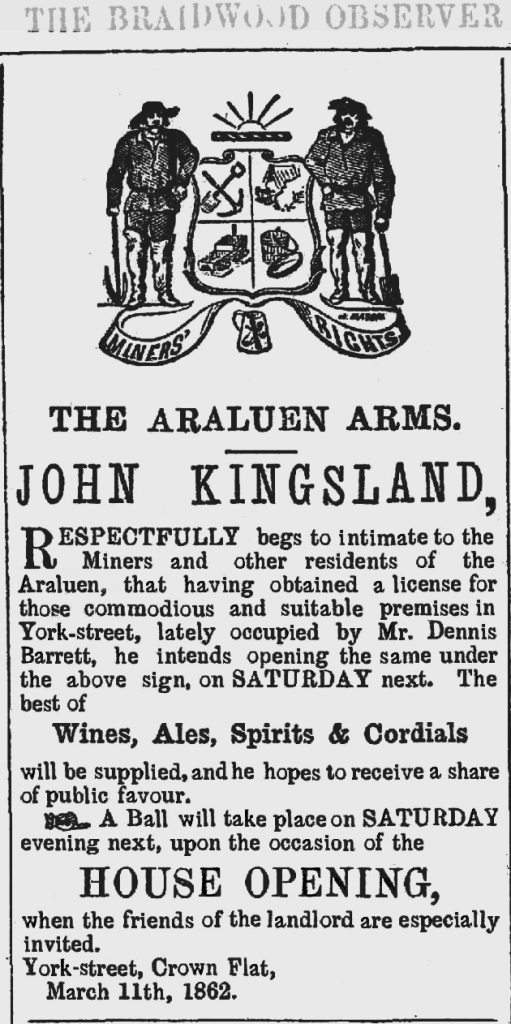 An advertisement for the Araluen Arms House Opening Ball at Crown Flat, to be held March 1862