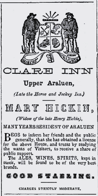 Mary Hickin [Hicken] advertising for the Clare Inn, Upper Araluen in September 1862