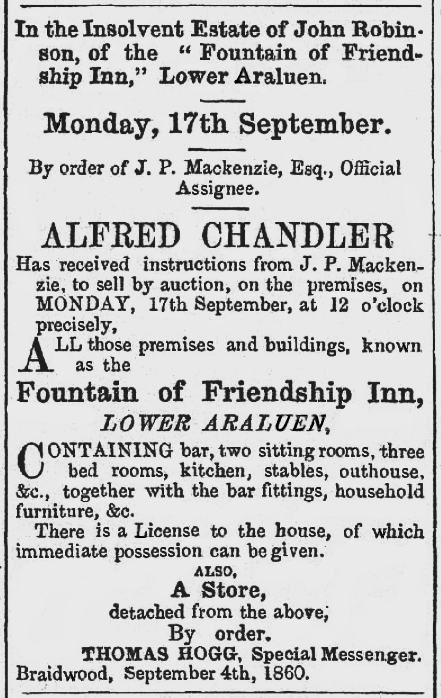 The auction advertisement for the Fountain of Friendship Inn, Lower Araluen, September 1860